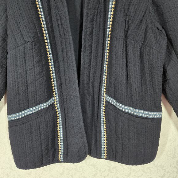 J Jill Pure Jill Seersucker Jacket Blazer XL TALL Black Open Front Embroidered - Picture 4 of 16